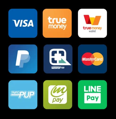 ช่องทางชำระเงิน Visa TrueMoney PromptPay Mastercard LINE Pay
